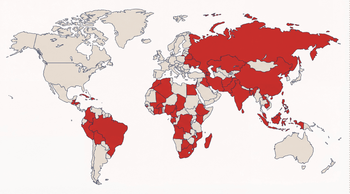 World map highlighting high-risk countries for dog rabies